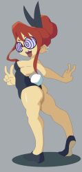  ass bare_legs bunny_girl bunnysuit double_v earrings fake_animal_ears fake_tail female_only femsub glasses happy_trance long_hair open_mouth original purple_eyes red_hair ring_eyes shoes simple_background single_hair_bun smile solo sourowl spiral_eyes tongue tongue_out v 