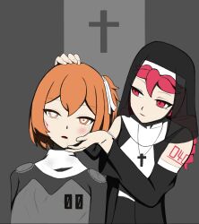  adachi_rei blood body_writing bodysuit bruise clothed cross dazed drill_hair drool empty_eyes eyebrows_visible_through_hair female_only femdom femsub grey_background hair_ornament hair_ribbon hand_on_another's_cheek hand_on_head heart_eyes keet4tensei multiple_girls necklace nun open_mouth orange_hair red_hair ribbon see-through side_ponytail simple_background static_eyes symbol_in_eyes tears teto_kasane twintails utau veil vocaloid wounds 