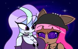 aged_up animal_ears arm_warmers aura bare_shoulders beanie blue_background blue_skin cleavage collarbone eyebrows_visible_through_hair eyelashes female_only femdom femsub hand_on_hip head_in_breasts howleen_wolf hypnoscream large_breasts monster_girl monster_high multicolored_hair pink_hair purple_eyes shiny_hair shiny_skin simple_background smile spiralwash_eyes straight-cut_bangs tank_top twyla_boogeyman werewolf_girl yuri