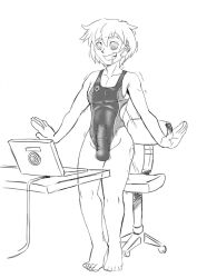  bulge computer crossdressing drool earpiece erection greyscale happy_trance headphones hypnotic_screen kandlin laptop male_only malesub one-piece_swimsuit penis ring_eyes short_hair spiral_eyes swimsuit symbol_in_eyes tech_control 