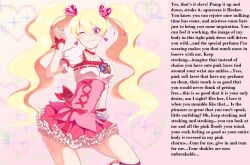 blonde_hair breasts caption caption_only cure_peach earrings femdom fresh_precure! hypsubject_(manipper) jewelry large_breasts long_hair looking_at_viewer love_momozono male_pov manip orgasm_command pov pov_sub precure text twintails wink