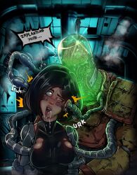  alita_(battle_angel_alita) bad_end battle_angel_alita_last_order black_hair bodysuit brain brain_injection defeated drool english_text eye_roll femsub glowing_eyes mind_break reliusmax restrained robot text tongue tongue_out torn_clothes 