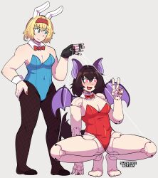 alice_margatroid animal_ears bare_legs bare_shoulders barefoot bat_girl blonde_hair blue_eyes blush bow_tie breasts brown_hair bunny_ears bunny_girl bunnysuit collarbone cuffs doll_joints dollification eyebrows_visible_through_hair feet female_only femdom femsub fingerless_gloves fishnets grey_background hair_band hand_on_hip happy_trance human_puppet leotard nail_polish open_mouth original pink_eyes short_hair simple_background smile spiral_eyes spread_legs squatting subspaceskater thighhighs touhou v wings