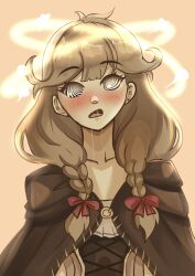  ahoge brown_hair clothed coat collarbone corset dazed drool eye_roll eyebrows_visible_through_hair faye_(fire_emblem) female_only femsub fire_emblem fire_emblem_echoes halo long_hair nintendo open_mouth simple_background smeef solo spiralwash_eyes twin_braids 