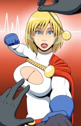  blonde_hair blue_eyes bodysuit breasts cleavage cleavage_cutout dc_comics empty_eyes femsub imightbemick large_breasts looking_at_viewer open_mouth pendulum pocket_watch power_girl red_lipstick short_hair standing super_hero superman_(series) surprised 