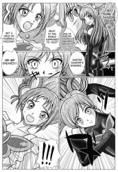  breast_expansion breasts comic corruption cure_dream cure_rouge femdom femsub greyscale happy_trance nozomi_yumehara precure red_hair right_to_left rin_natsuki suit text yes!_precure_5 