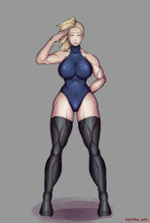  agnikka_sato ass blonde_hair breasts expressionless female_only fembot femsub huge_breasts large_breasts leotard muscle_girl one-piece_swimsuit saluting standing standing_at_attention swimsuit thick_thighs thigh_boots thighhighs 