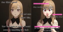 ai_art before_and_after bimbofication blonde_hair caption femsub humor marin_kitagawa my_dress-up_darling red_eyes tagme text tiktok