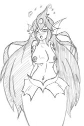 absurdres bare_breasts bare_shoulders blush body_markings breasts collarbone drool drwaffles female_only femsub giga_mermaid greyscale mermaid midriff monochrome navel nipples open_mouth shantae_(series) simple_background sketch solo sparkle spiral spiralwash_eyes sweat tagme tongue unfocused_eyes very_long_hair wayforward white_background