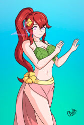 alerith alternate_costume anna_(fire_emblem) bare_legs bare_shoulders breasts cleavage dancer dancing empty_eyes female_only femsub fire_emblem fire_emblem_heroes fire_emblem_shadow_dragon_and_the_blade_of_light flower flower_in_hair happy_trance hypnotic_plant looking_at_viewer midriff navel nintendo pheromones pink_eyes ponytail red_hair smile thighs