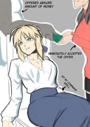  absurdres ahoge aimazero artoria_pendragon blonde_hair braid breasts brown_background brown_hair button_gap chair cleavage clothed command_seal dazed empty_eyes english_text eyebrows_visible_through_hair fate/stay_night fate_(series) femdom femsub green_eyes heterosexual hypnotic_magic limp long_skirt magic money multiple_girls prostitution rin_tohsaka saber shirt short_skirt simple_background sitting skirt smile sweat text thighhighs 