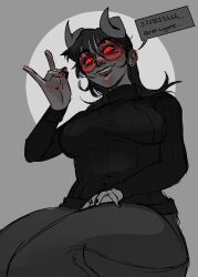  black_hair black_nail_polish clothed corruption demon demon_girl earrings female_only femdom glasses glowing_eyes grey_skin horns large_breasts looking_at_viewer nail_polish original pants possession pov_sub red_eyes smile soldierexclipse speech_bubble sweater tagme text 