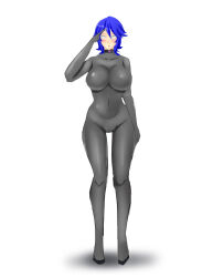 absurdres aqua_(kingdom_hearts) blue_hair blush bodysuit breasts collar drone empty_eyes expressionless female_only fembot femsub graybot kingdom_hearts kingdom_hearts_birth_by_sleep large_breasts neo-izayoi open_mouth saluting short_hair standing standing_at_attention tech_control white_background whitewash_eyes