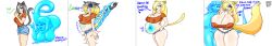  ass_expansion bare_legs blonde_hair blue_eyes blue_lipstick breast_expansion breasts cat_ears cat_girl cat_tail cleavage curvy dialogue eye_color_change eyeshadow fangs female_only femsub ghost ghost_girl graysha_(super_weird_one) green_eyes grey_hair hair_covering_one_eye holding_breasts huge_ass huge_breasts inflation jean_shorts kaa_eyes large_ass large_breasts large_hips leanne_(super_weird_one) long_hair midriff multiple_girls navel original possession sequence signature smile super_weird_one superweirdman surprised tagme tail text thick_thighs thighs tight_clothing transformation wide_hips 