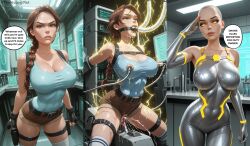 ai_art bald before_and_after bodysuit dialogue drone dronification english_text glowing_eyes hypno lara_croft large_breasts saluting thehypno7ist_(generator) tomb_raider video_game