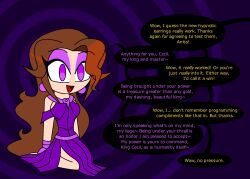 aged_up anita_(darkstalkers) arms_behind_back belt brown_hair consensual darkstalkers dress earrings empty_eyes eyeshadow female_only femsub fingerless_gloves gloves happy_trance hypnoscream hypnotic_accessory kneeling love maledom no_panties open_mouth purple_background purple_eyes ring_background skirt smile solo text