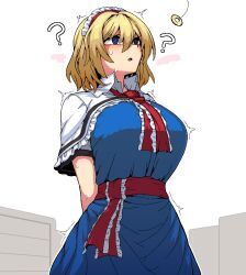  alice_margatroid arms_behind_back blonde_hair blue_eyes blush breasts coin confused dress female_only femsub formicid hairband large_breasts open_mouth pendulum short_hair solo spiral_eyes sweat touhou trembling 