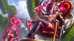 alternate_costume alternate_hair_color alternate_hairstyle arrow ashe_(league_of_legends) blue_eyes bow_(weapon) charm_(spell) femdom glowing glowing_eyes happy_trance hypnotic_accessory kneeling league_of_legends liquidshadow magic malesub manip sitting topless tryndamere_(league_of_league) weapon white_hair