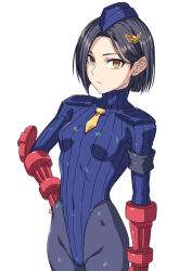 arm_bands black_hair bracers breasts brown_eyes clothed enemy_conversion female_only femsub fingerless_gloves gloves hai_(h81908190) hair_ornament hairpin hand_on_hip hat leotard looking_at_viewer military_hat rinwell_(tales_of_arise) shadaloo_dolls short_hair small_breasts solo standing tales_of_(series) tales_of_arise tie tights 