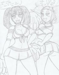 absurdres ass cheerleader choker cleavage dialogue embarrassed female_only femsub greyscale happy_trance kobi94 looking_at_viewer looking_back monochrome resisting sketch skirt spiral_eyes symbol_in_eyes text traditional twintails upskirt