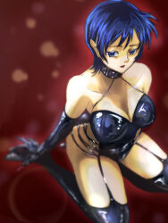  absurdres bare_shoulders blue_eyes blue_hair breasts choker cleavage collarbone dominatrix empty_eyes expressionless female_only femsub garter_straps high_heels kaze_no_stigma kneeling large_breasts latex lipstick looking_at_viewer makeup monyu_(artist) nanase_kudou opera_gloves red_background short_hair signature solo thick_thighs thighs 