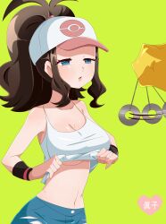  absurdres blue_eyes breasts brown_hair drool expressionless female_only femsub hat hilda hypno large_breasts long_hair makoinaow nintendo pendulum pokemon pokemon_black_and_white ponytail simple_background spiral_eyes symbol_in_eyes undressing 