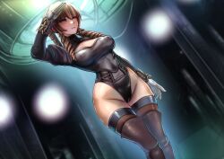  blush boots braid brown_hair cameltoe cleavage drill_hair erect_nipples erect_nipples_under_clothes female_only femsub gloves halt_miyakura large_breasts leotard purple_eyes saluting smile solo standing thick_thighs thigh_boots thighhighs twin_braids twintails 