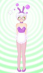  animated animated_gif apron arms_behind_back bow bubble bunnysuit collar drool earrings fabius femsub fishnets frills glasses green_eyes hair_ornament hairband maid pixel_art short_hair simple_background slippers speech_bubble spiral_background spiral_eyes spiralwash_eyes text white_hair 