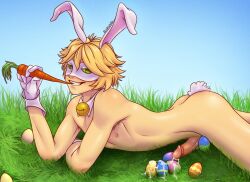 adrien_agreste ass blonde_hair bludwing bottomless bunny_ears cum empty_eyes gloves green_eyes happy_trance jabberwocky_(manipper) male_only malesub manip mask miraculous_ladybug nude penis smile super_hero topless