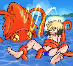  absurdres barefoot black_hair blonde_hair blush bondage breasts cephalopod crotch_rub dazed drool erika_(er-ikaa) eye_roll femsub happy_trance keeper_of_pots large_breasts long_hair multicolored_hair navel_piercing open_mouth original psychic ring_eyes spread_legs squid tentacles tongue tongue_out trembling water 