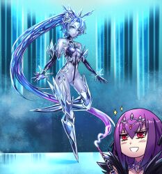  absurdres blue_hair blue_skin breasts fate/grand_order fate_(series) female_only ibenz009 large_breasts long_hair navel purple_hair red_eyes ritsuka_fujimaru scathach_(fate/grand_order) skadi transformation 