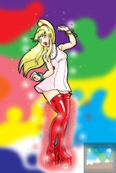 absurdres andrade-iv blonde_hair body_control boots dancing dress female_only glowing high_heels hypnotic_clothing knee-high_boots open_mouth original ponytail resisting solo tears the_red_shoes