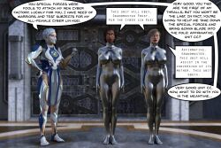 3d barefoot cassie_cage collar dark_skin dialogue female_only fembot femsub frost_(mortal_kombat) graybot jacqui_briggs mortal_kombat robot robotization standing standing_at_attention tech_control text theheckle whitewash_eyes