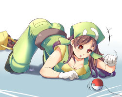  all_fours breasts brown_hair empty_eyes female_only femsub gloves hat large_breasts long_hair nell-chrome nintendo open_mouth pendulum pet_play pokeball pokemon pokemon_breeder pokemon_x_and_y top-down_bottom-up 