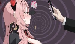  blue_archive blush breasts coin failed_hypnosis halo horns large_breasts long_hair mintchoco pendulum phone pink_hair satsuki_(blue_archive) spiral spiral_eyes symbol_in_eyes tie 