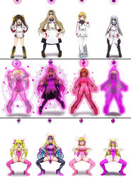 absurdres androgynous before_and_after bimbofication blonde_hair blush brown_hair cecilia_alcott charlotte_dunois eyepatch femsub flat_chest garter_belt garter_straps glowing glowing_eyes haigure happy_trance high_heels hypnotic_beam infinite_stratos latex laura_bodewig leotard lingyin_huang long_hair multiple_girls pink_eyes sequence short_hair simple_background thighhighs transformation twintails white_hair