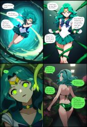 ai_art bikini bikini_bottom bikini_top comic corruption cx9000_(generator) female_only femsub glowing_eyes injection plant sailor_moon_(series) sailor_neptune speech_bubble vines