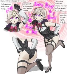  ass ass_focus bare_shoulders before_and_after blonde_hair bodysuit bow bow_tie bulge chicken_dance chicken_pose clothed crossed_eyes cursedrooks dialogue drool english_text erection erection_under_clothes eye_roll eyebrows_visible_through_hair femboy genshin_impact gloves glowing_eyes high_heels lyney_(genshin_impact) magician male_only malesub multiple_views open_mouth pet_play pocket_watch purple_eyes self_hypnosis short_hair solo speech_bubble spiral tagme text thighhighs thighs tongue 