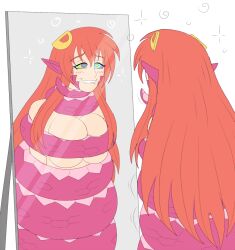 blush bondage breast_press breasts coils elf_ears female_only femsub happy_trance hypnotic_eyes kaa_eyes large_breasts lip_biting long_hair miia_(monster_musume) mirror monster_girl monster_musume naga_girl open_mouth plsgts red_hair reflection self_coil self_hypnosis smile snake_girl 