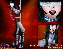 black_hair bodysuit breasts cleavage collar commander_shepard dragonnexus_(colorist) erect_nipples femsub happy_trance high_heels large_breasts latex mass_effect open_mouth pole_dancing re-maker short_hair tech_control text tongue tongue_out visor