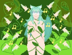 blue_eyes cat_ears cat_girl cat_tail empty_eyes green_hair happy_trance hypnotic_music hypnovember jungle music nude pixel_art plant virtual_youtuber