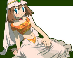  amada anonymous828_(manipper) barefoot blue_eyes brown_hair collarbone dancer empty_eyes feet female_only femsub happy_trance harem_outfit kneeling looking_at_viewer manip may midriff nail_polish necklace nintendo no_panties pokemon pokemon_(anime) see-through short_hair smile solo veil 