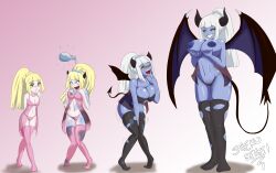 absurdres age_progression babydoll before_and_after blackdragon-checo blonde_hair blue_skin breast_expansion breasts corruption demon_girl femsub green_eyes lillie_(pokemon) monster_girl nintendo pokemon pokemon_sun_and_moon sequence succubus transformation white_hair