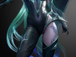 alternate_costume bare_shoulders body_markings coast_leather crossover femsub green_hair hair_color_change league_of_legends nier_automata possession ruination square_enix thigh_focus thighhighs thighs very_long_hair viego_(league_of_legends) white_hair yorha_type_a_no._2