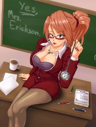  blackboard blush breasts cleavage earrings eshie femdom glasses green_eyes jewelry large_breasts long_hair looking_at_viewer mrs._erickson_(zko) necklace original pantyhose pendulum pocket_watch ponytail pov pov_sub red_hair skirt suit teacher teacher_dom text 
