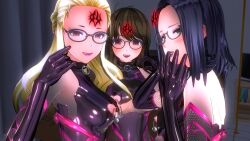  3d ahoge bangs bare_shoulders black_hair blonde_hair blush breasts brown_eyes brown_hair clothed_exposure collar control_indicator cosplay custom_maid_3d_2 empty_eyes eyeshadow fangs female_only femsub fishnets glasses gloves green_eyes li_q lipstick long_hair looking_at_viewer makeup multiple_girls multiple_subs nipple_cutout nipple_piercing nipples opera_gloves original purple_lipstick sexually_suggestive short_hair taimanin_(series) underboob 