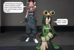 3d breasts dialogue female_only femdom femsub frog_girl gloves glowing glowing_eyes green_hair hypnolordx long_hair long_tongue mei_hatsume my_hero_academia open_mouth pink_hair short_hair source_filmmaker tech_control text tongue tongue_out tsuyu_asui yellow_eyes