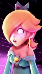  animated barefoot blonde_hair breasts crown dress earrings expressionless feet female_only femsub floating hair_covering_one_eye high_heels large_breasts long_hair nintendo onmodel3d open_mouth princess_rosalina slouching solo spiral_eyes super_mario_bros. symbol_in_eyes video 