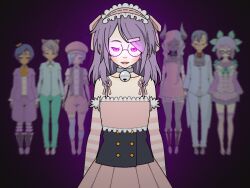  3d animated animated_gif bell bell_collar blush bow breasts choker clothed collar corset doll dollification dress empty_eyes femdom femsub glasses gloves glowing glowing_eyes hairpin happy_trance hypnotic_eyes kisekae long_hair maid_headdress open_mouth original professor-celestino purple_eyes purple_hair short_hair smile standing standing_at_attention text 