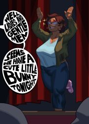  absurdres altered_common_sense alternate_costume bunny_girl bunny_pose camila_noceda clothed english_text femsub glasses happy_trance milf sparkle speech_bubble spiralwash_eyes stage stage_hypnosis text the_owl_house wowsasman 